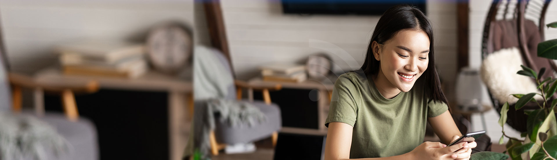 Imagem de uma mulher sorrident mexendo em seu tablet, utilizando o wifi