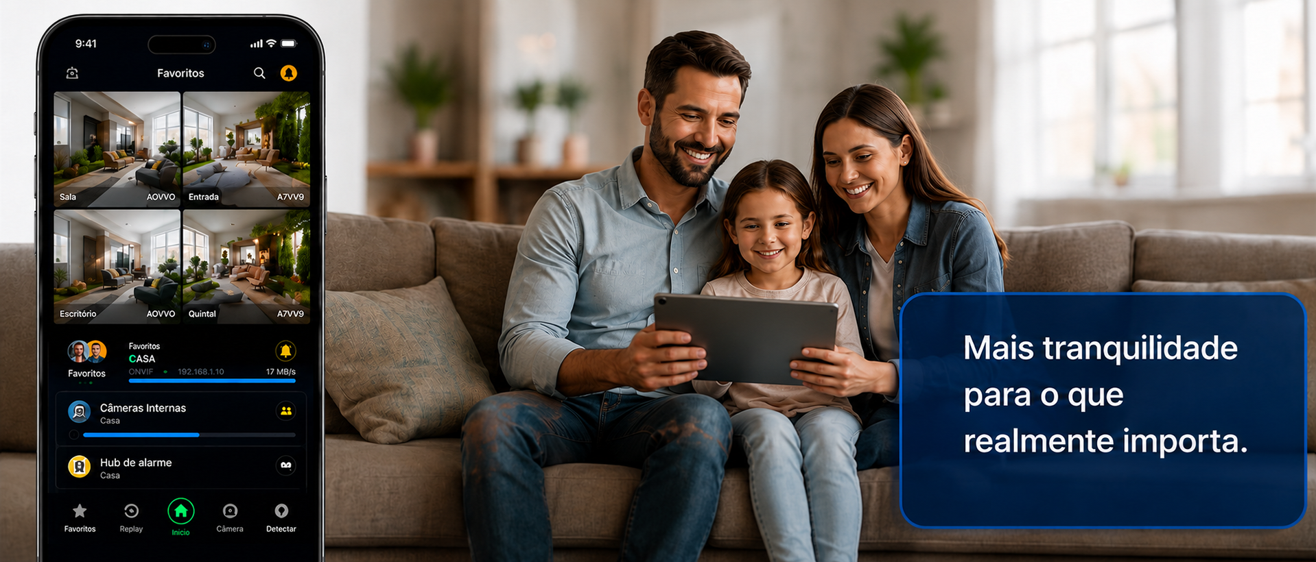 Aplicativo de câmeras com família em casa