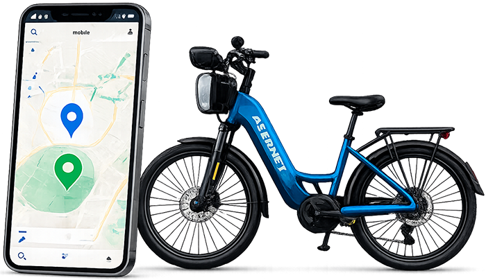 Bicicleta elétrica e celular com mapa